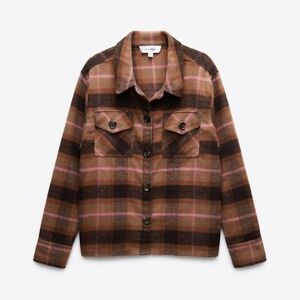 BB Dakota Brown Plaid Wool-Feel Shacket with Pink Accents